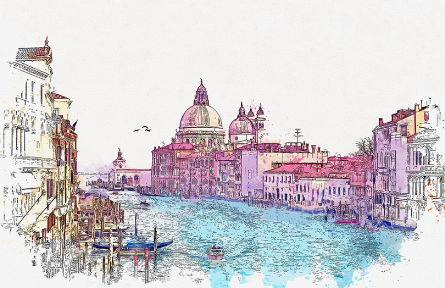 фотообои Фотообои Акварельный эскиз или иллюстрация прекрасный вид на Гранд-канал с базиликой Санта-Мария-делла-Салюте в Венеции, Италия